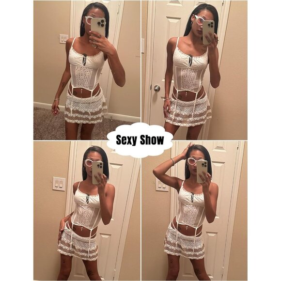 Women White Garter Lingerie Set Tummy Control Teddy Boudoir Outfits - Picture 6 of 7